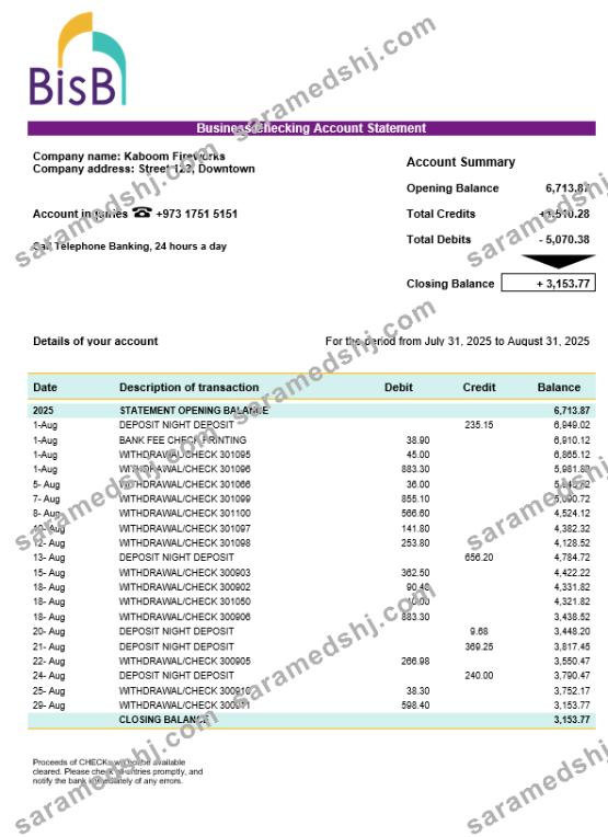 BISB business bank company account statement Word and PDF format